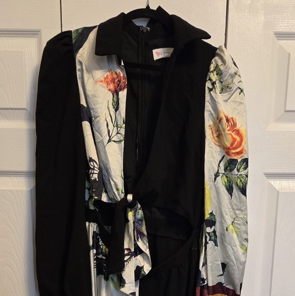 Black Dress with Multicolor Floral and Stripe Panels